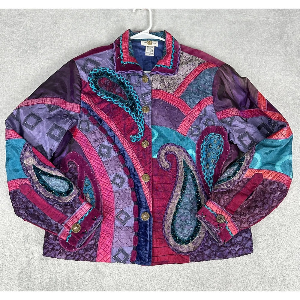 Sandy Starkman Jacket Women L Purple Vintage Embroidered Silk Patchwork Beaded